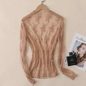 NIP Tan Elegant Lace Sheer Top XL